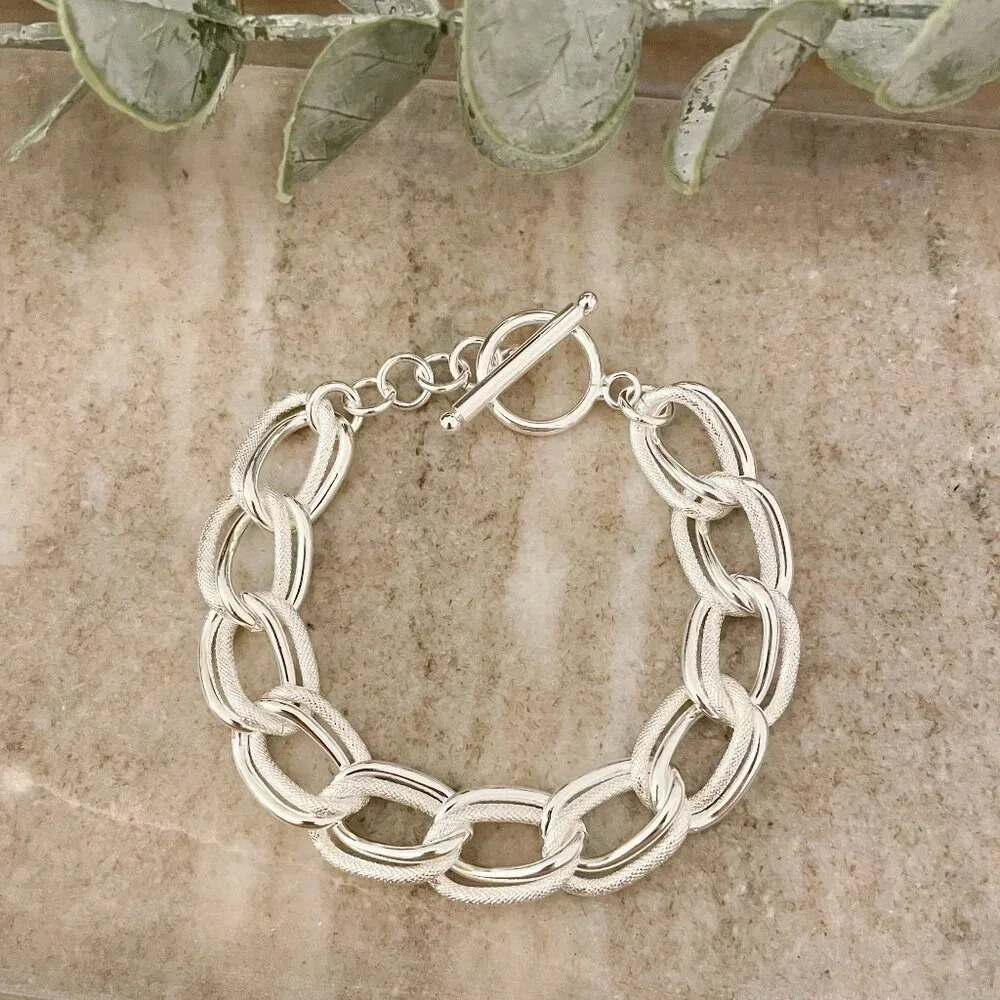 925 Sterling Silver Chunky Chain Link Toggle Bracelet Silver Statement Bracelet - Picture 4 of 8